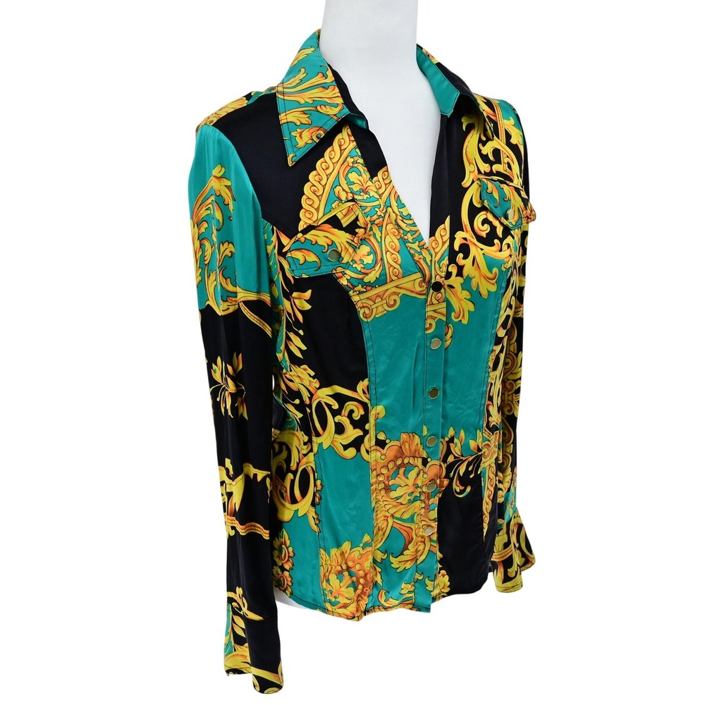 Y2K VTG Silk Cache Black Teal Gold Baroque Print Long Sleeve Button Up Shirt M
